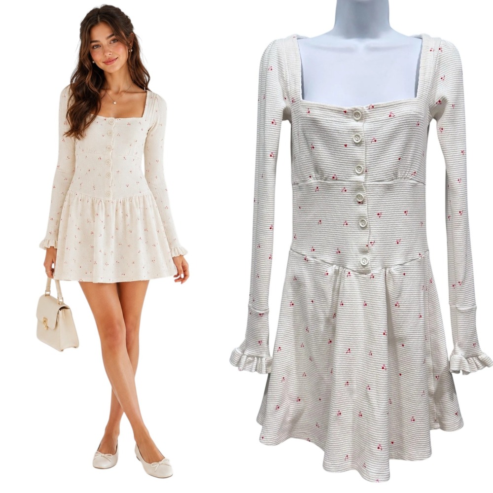 Coquette White Cherry Print Waffle Knit Mini Dress Heart Buttons Size M Romantic